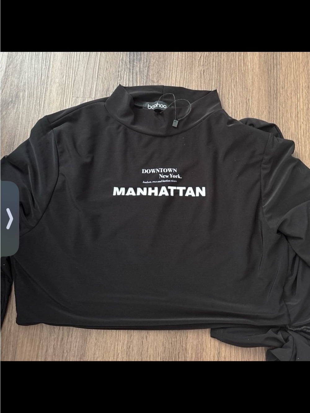 Boohoo Black Crop Sweatshirt with White "Manhattan" Graphic